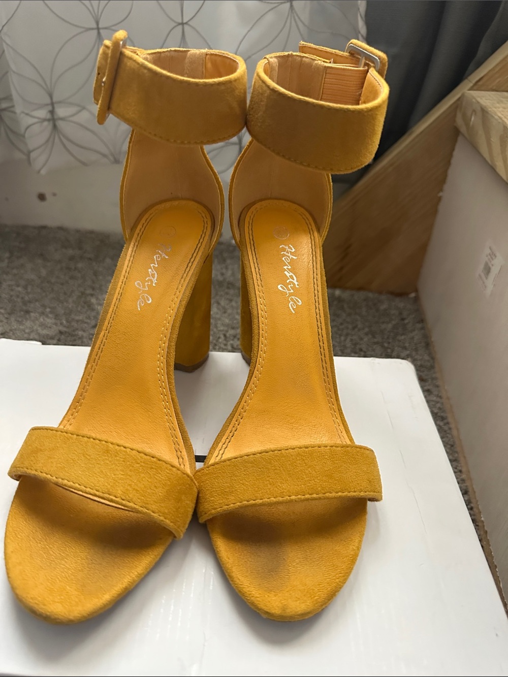 Heritage Mustard Yellow Suede Ankle-Strap Block Heels